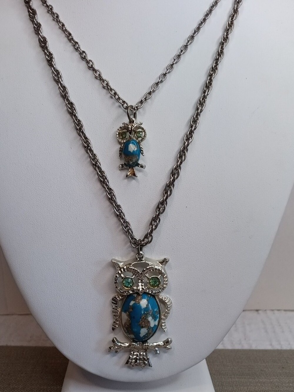 Vntage Double Owl Silver Tone Pendant Necklace 34" Long